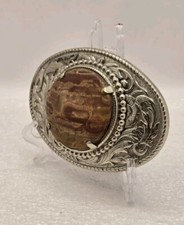 Vintage Western Brass Belt Buckle Round Agate ~ Made in USA