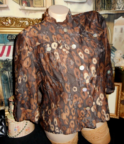14P Blazer 3/4 Slv Brown Beige MOP Buttons Fabulous Detail Lightweight NOS - Picture 2 of 6
