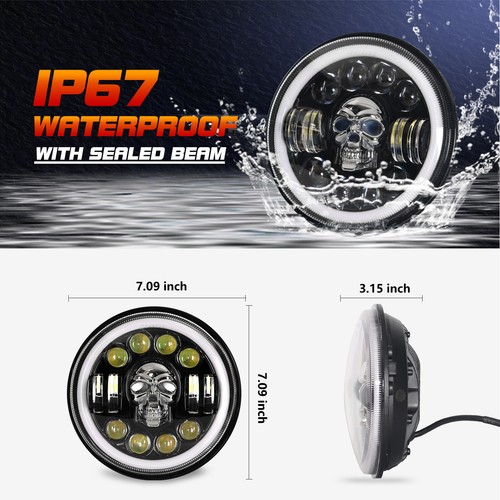 DOT 7" inch Round RGB Skull LED Headlight Halo DRL For Jeep Wrangler JK TJ CJ LJ - Picture 9 of 17