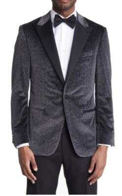 CANALI Peak Lapel Velvet Cotton Dinner Jacket In Charcoal Size 44 R   $1650 #236