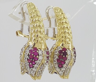 Vintage HIMO Tulpen Ohrringe 18k Gelbgold 10,3 Gramm Lab Created Steine