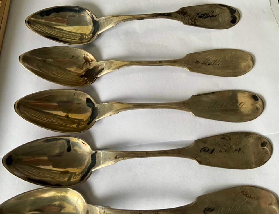 Lote de 6 Cucharas M.Michelson Moneda Plata 6” Set Madre In Script 1800’s 3.25 OZ Foto 3 de 4