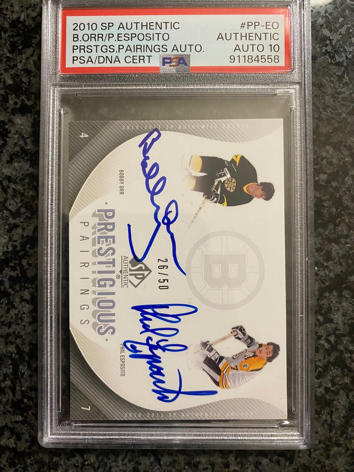 Bobby Orr 2010 SP Authentic Prestigious Pairing Phil Esposito #/50 PSA Auth Auto 