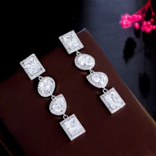 Women White Zircon Geometric Dangle Drop Silver Plated Earrings Wedding Jewelry