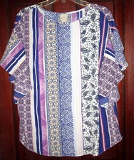 Chico's 3 L 16 18 Blouse Top Shirt Patchwork Print Tiered Sleeve Paisley Striped