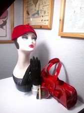Vintage Red Velvet Fascinator - Long Red Bow Bag - Gloves - Atomizer  Compact