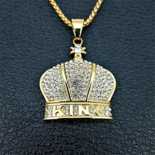 Bling Gold King's Crown w/ CZ'sStainless Steel Royal Light Blitz Pendant Jewelry
