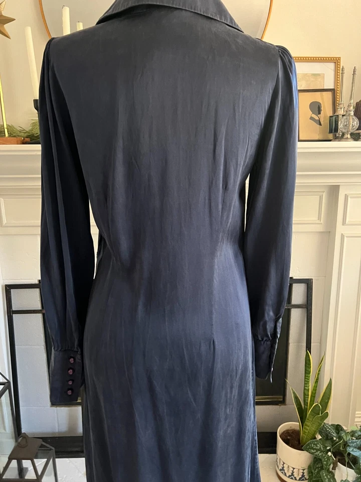 Vestido camisero de seda rosa tartán para mujer talla S mangas largas azul marino clásico Foto 4 de 4