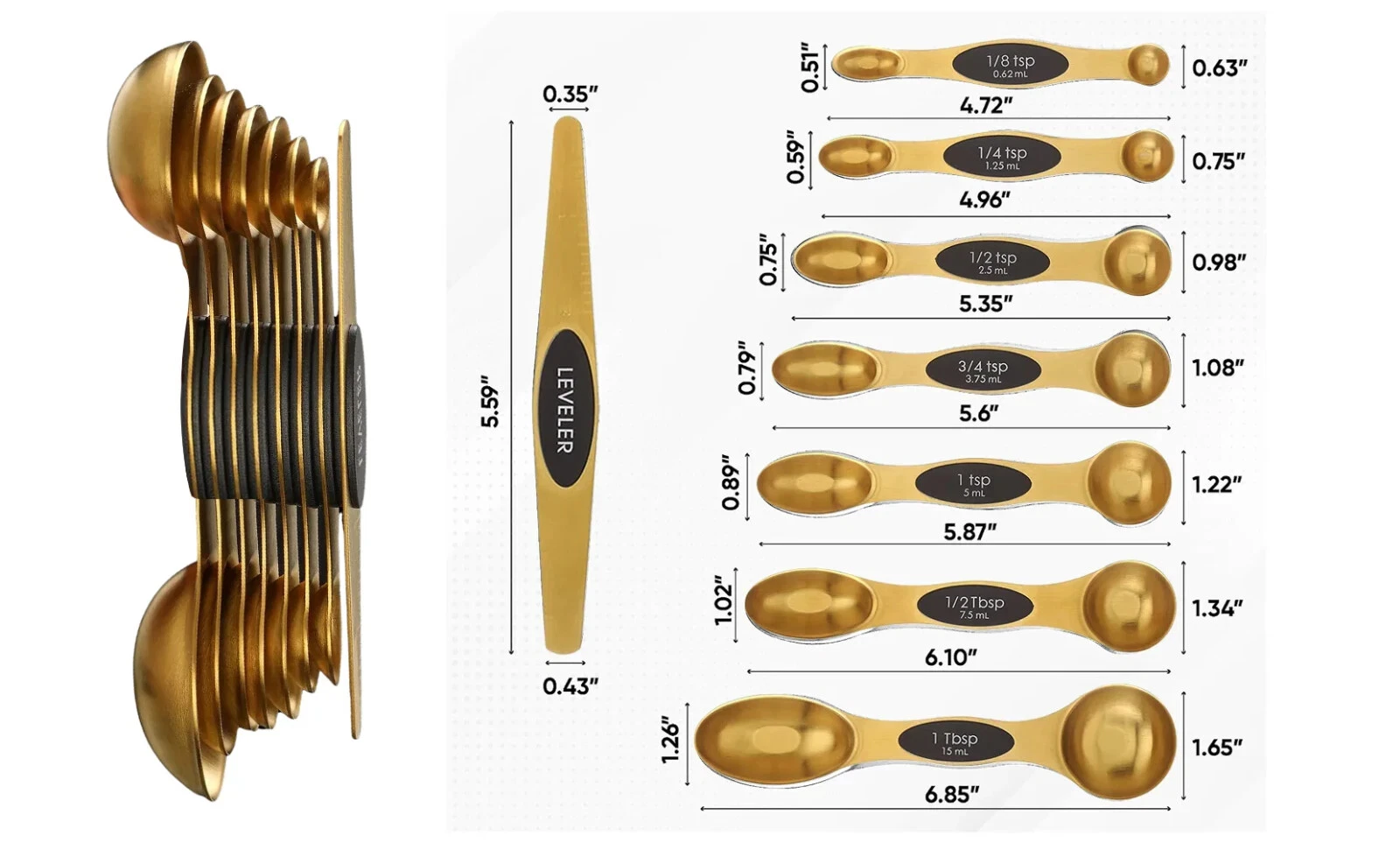 8-Piece: Double Sided Stackable Copper Magnetic Measuring Spoons Set with Levele