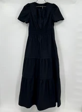 Quince Black Organic Cotton Tiered Maxi Dress sz XS Womens Pockets Poplin Fabric