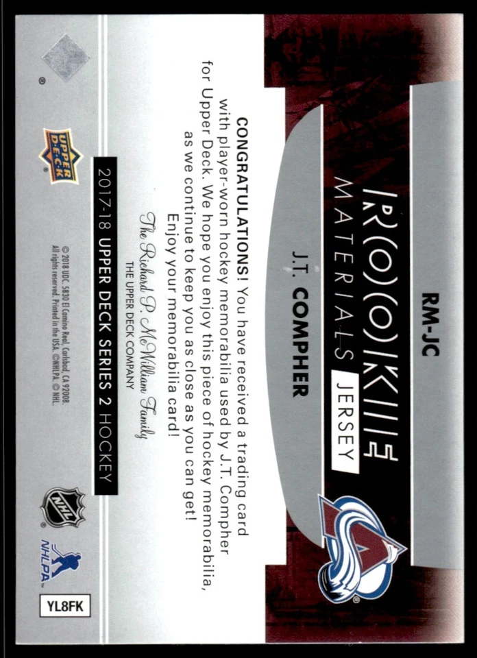 2017-18 Upper Deck Rookie Materials J.T. Compher Colorado Avalanche #RM-JC R57 - Image 2 of 2