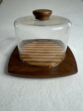 Kustom Kraft Cheese Tray Board Glass Dome Cloche Solid Black Walnut Made In USA