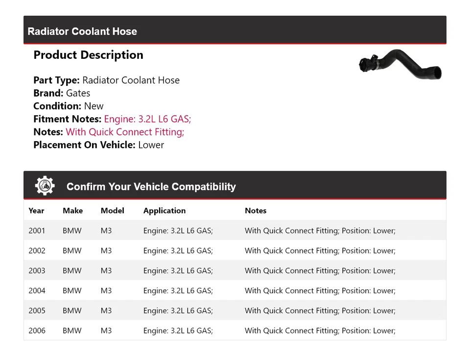 Manguera de refrigerante de radiador de gas para BMW M3 2001-2006 3,2 L L6 2002 2003 Foto 2 de 4