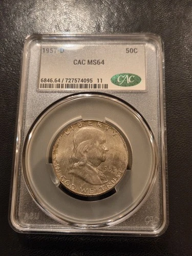 1957-D Franklin Half Dollar CAC GRADED MS64 Mint Set Coin Beautiful RAINBOW Tone
