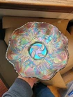 WOW Super Pretty Fenton Aqua Carnival Glass Thistle Pattern Ruffled Bowl