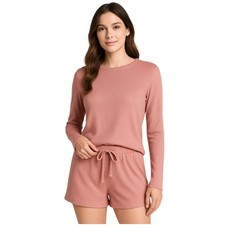 NEW Capella Small Ribbed Pink Loungewear Set Long Sleeve Top  Drawstring Shorts