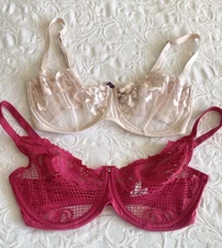 Le Mystère Hot Pink  Lace & Adore Me Nude Embroidered Sheer Bras 32DDD Lot Of 2