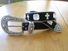 bb Simon Western Belt Big Faceted STONES CROSSES Black Hide L women or