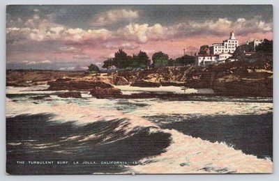 Turbulent Surf La Jolla California Postcard E C Kropp Unposted Linen San Diego