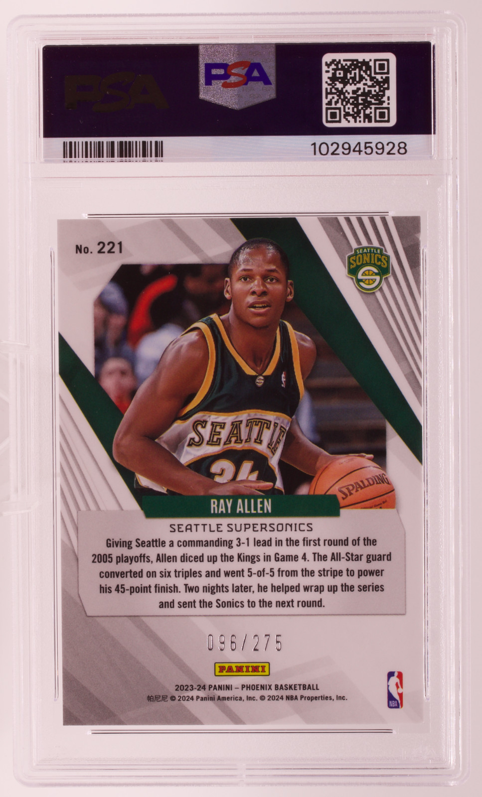2023-24 Panini Phoenix Ray Allen #221 Maroon Ice /275 PSA 7 Seattle SuperSonics view 2