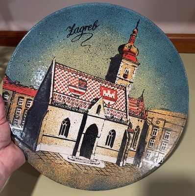 Vintage Zagreb Germany Enamel Over Copper Decorative Wall Plate 11.25  X 12 