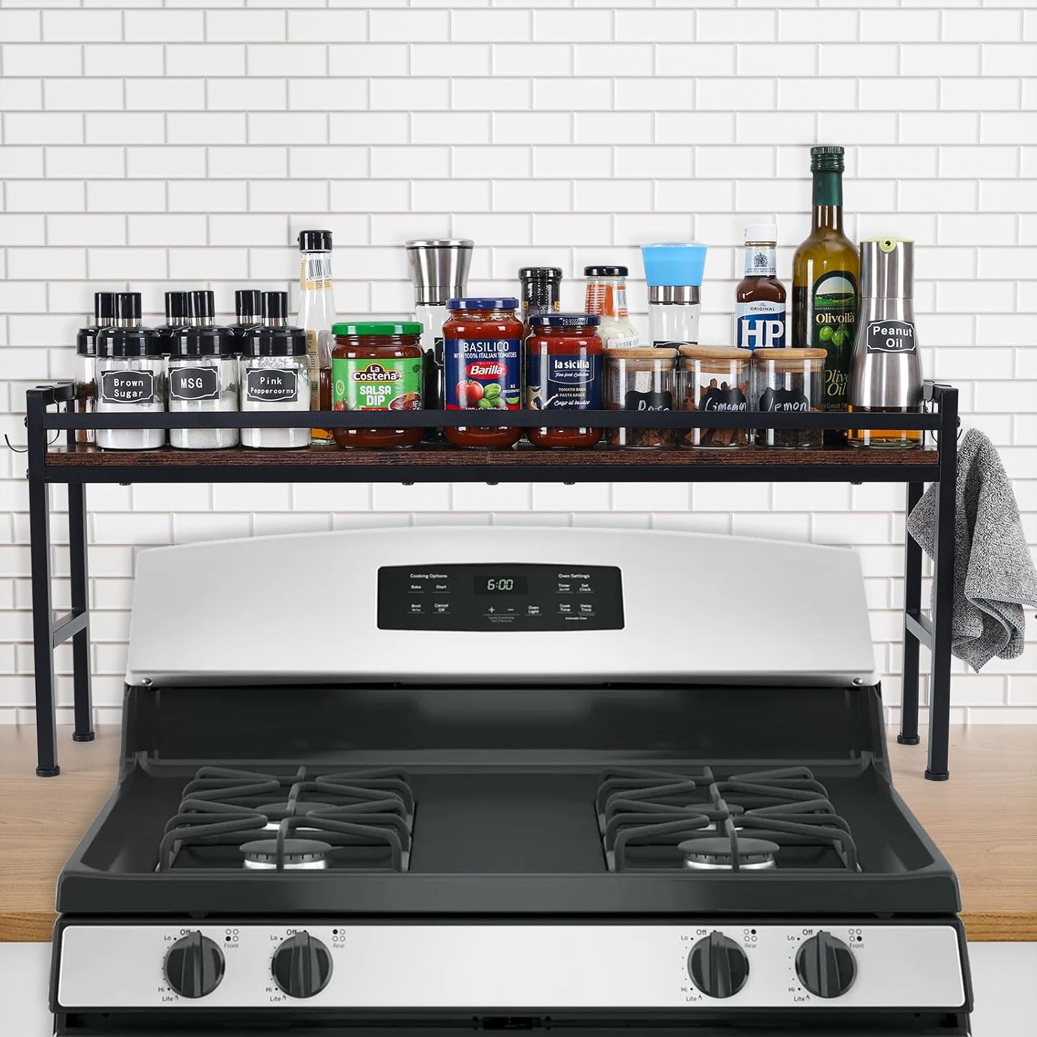 Spice Rack Shelf Kitchen Stove，Stove Top Shelf W/ 4 hooks Extra Storage-image