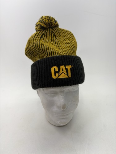 CAT Caterpillar Norscot Pom Beanie Hat Black Yellow Knit Winter Workwear