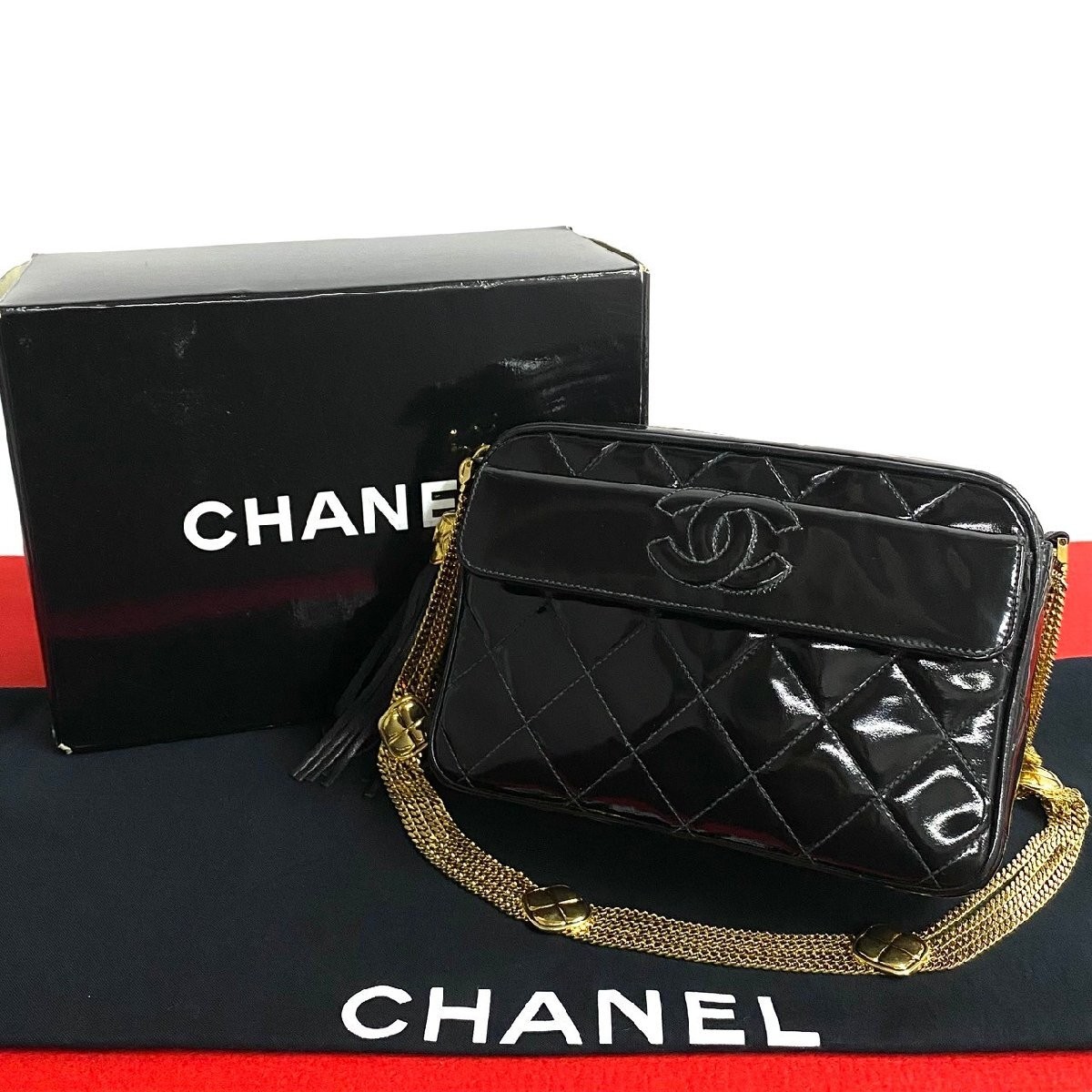 CHANEL Coco Mark Tassel Patent Leather Chain Shoulder Bag Black 34866