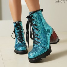 Women's High Block Heel Glitter Sequins Ankle Boots Lace Up Shoes Platform New
