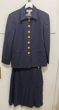 VTG 80s Womens C. Dior Navy Wool Career Power Suit Skirt Jacket Gold buttons 12
