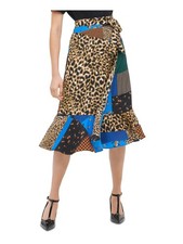 CALVIN KLEIN Womens Brown Belted Ruffled Zippered Midi Party Skirt 4