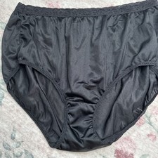 Vtg Panties Sheer Nylon Brief Granny Hanes 9 2XL Satin Lace Trim Satin Black
