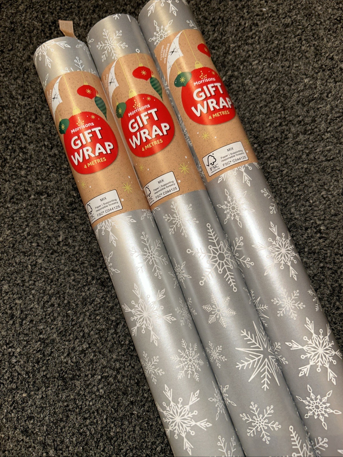 3 Rolls Of Silver Snowflake 4m By 70cm Christmas Wrapping Paper