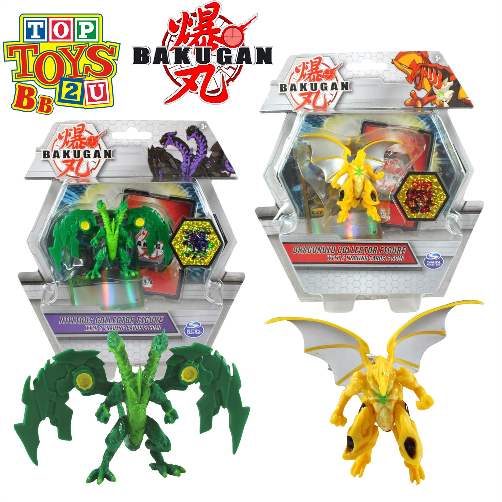 Bakugan - Figure Bundle - 2x Cards & Coin Per Pack - Nillious G & Dragonoid Y