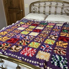 Vtg Granny Square Handmade Crochet Afghan Blanket Multicolor 51x60 Fringe