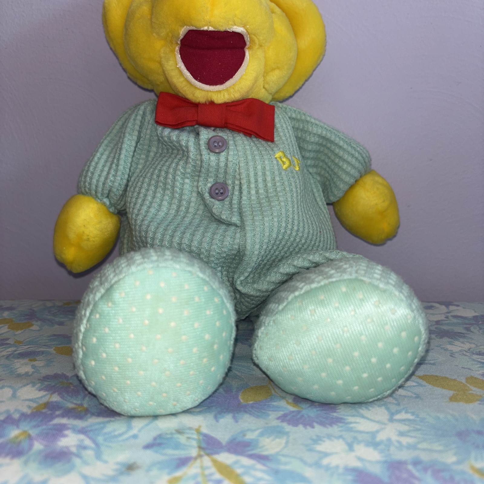 Vintage BJ Bedtime Barney Plush Yellow Dinosaur Thermal Pajamas Bean Bag Toy