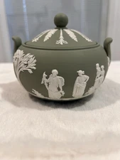 Wedgwood Sage Green Jasperware Lidded Sugar Bowl - Made in England – 1983
