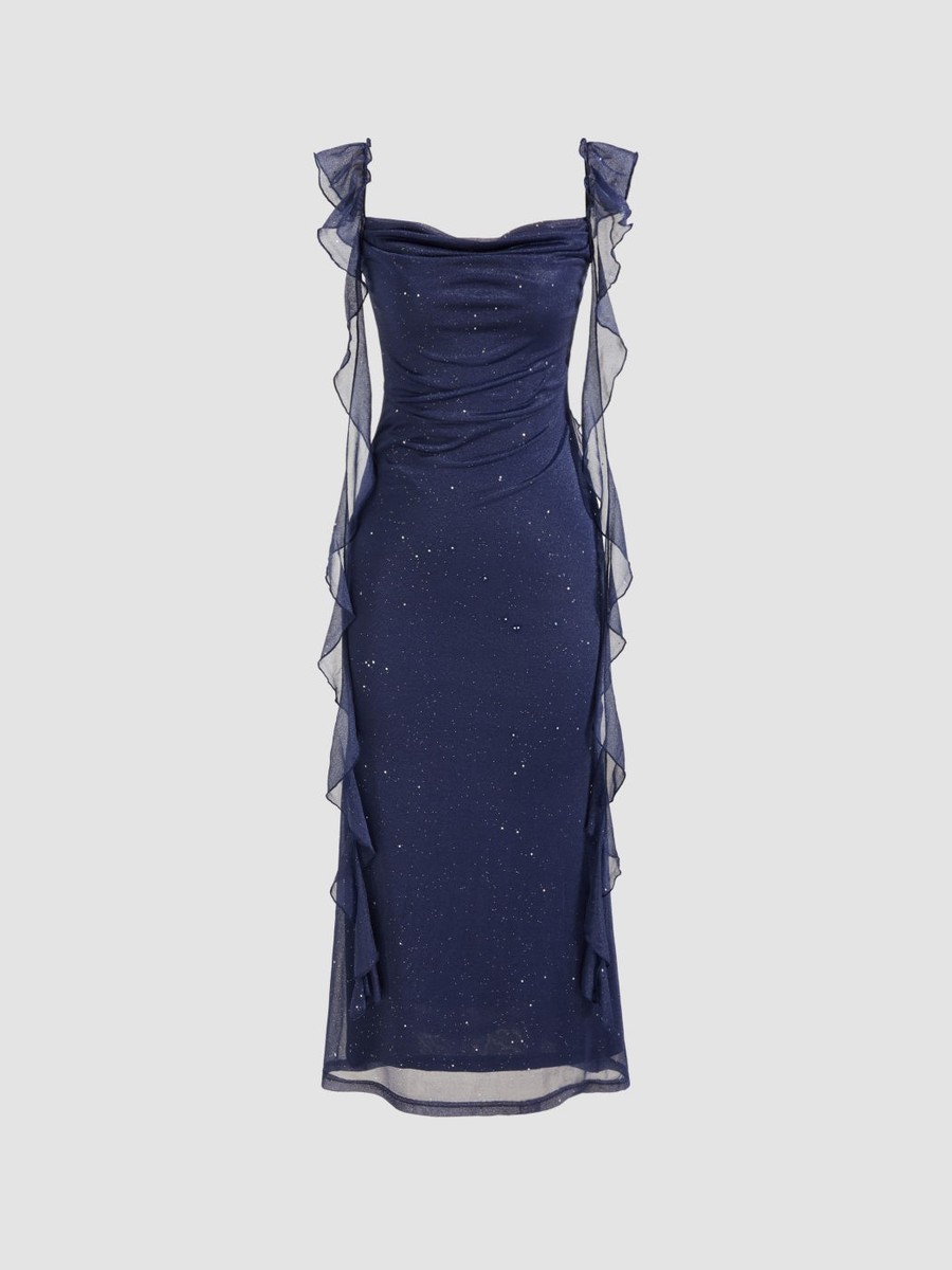 cowl ruffle maxi dress Cowl Neck Solid Glitter Ruffle Hem Maxi Dress