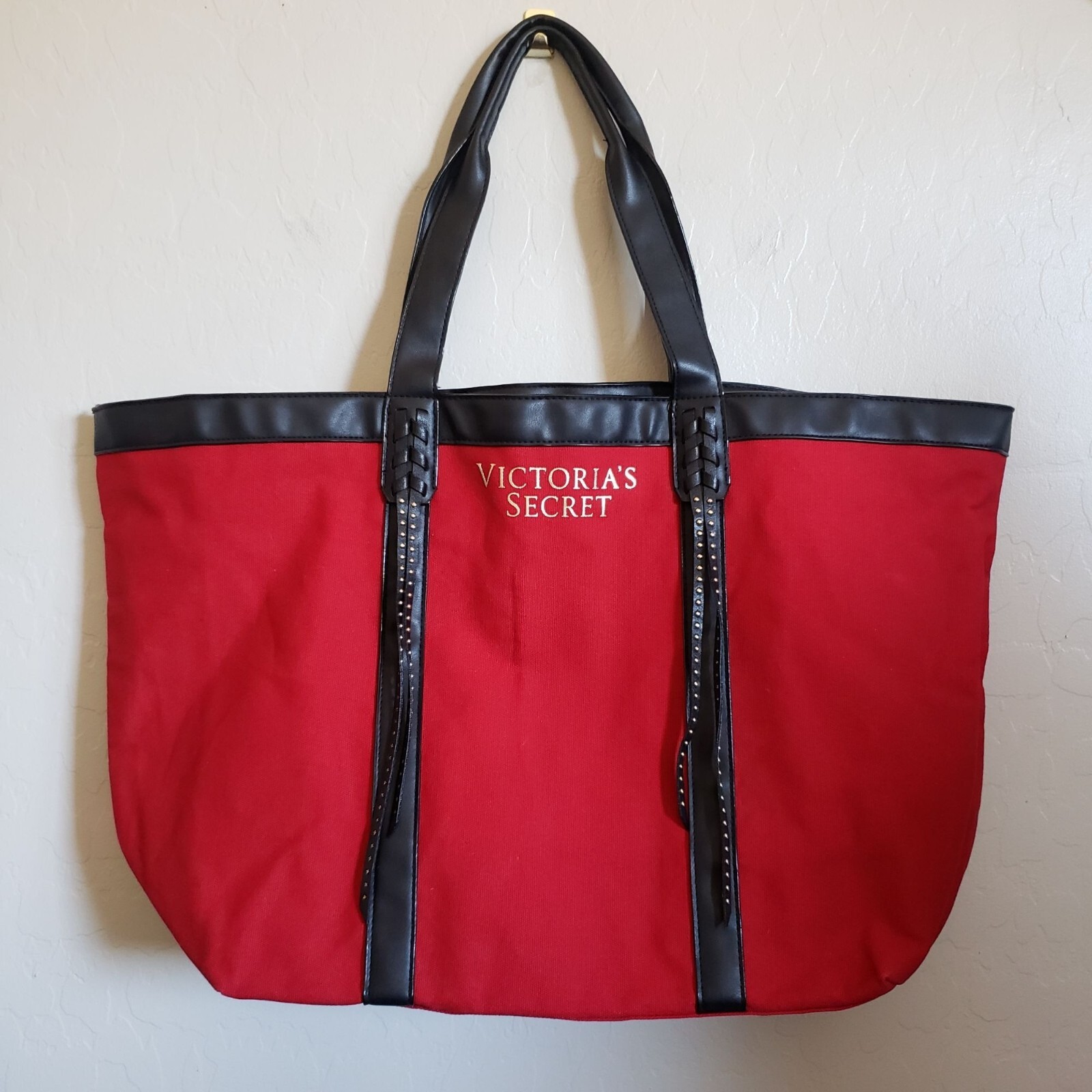 Victoria's Secret Red Studded Fringe Canvas Tote Bag Holiday Shoulder Bag