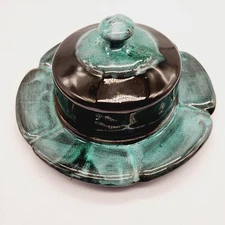 Vtg Evangeline Canada Pottery Drip Glaze MCM Butter Dish Green Teal Signed 946 