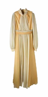 flowy 70s dress Vintage 70s Disco Mod Dress Gown Womens 12 Puff Sleeve Wispy Flowy Chiffon