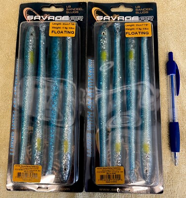 Lot Of 2 Packs Savage Gear Sandeel Slugs, 7 7/8  Long, 5/8oz Each, Blue/Silver