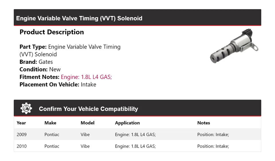 Puertas de admisión de solenoide VVT para Pontiac Vibe 2009-2010 motor L4 de 1,8 L Foto 2 de 4