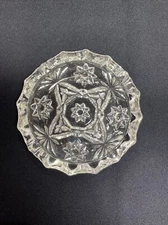 Heavy Clear Pressed Glass 5” Round Dish / Ashtray, Star Burst/Geometric Pattern