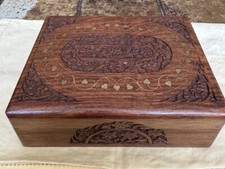 Vintage Hand Carved Wood Box Floral Design With Brass Inlay 7.5  x 5  x 2.5  