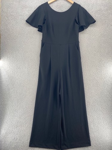 Calvin Klein Jumpsuit Women 10 Black Flutter Cape Sleeve Wide Leg Stretch Pocket