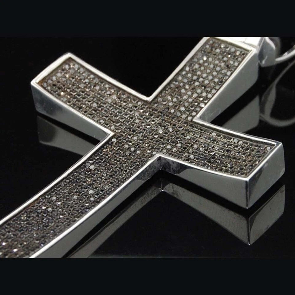2 Ctw Black Diamond 14K White Gold Plated Pave Cross Charm Men's Pendant 3.3" - Image 4 of 4