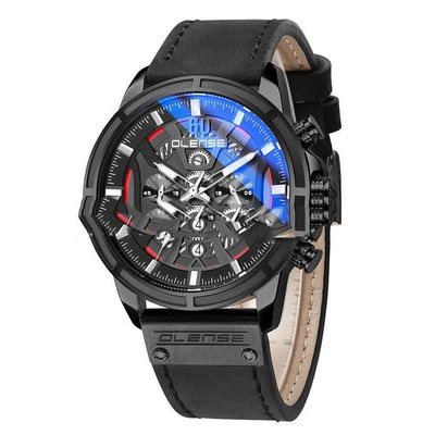Men's Casual Waterproof Round Watch with Black Leather Strap and Multi-Function