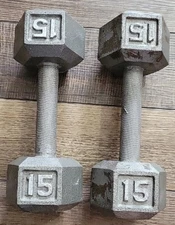 15 Pound Dumbbells (2) Free Weights Silver Tone Hex Head Unbranded Matched Pair