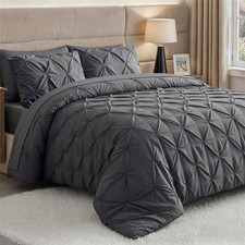 Queen Comforter Set Pintuck 7 Piece, Grey, Bed in a Bag 2 Pillow Shams, Flat  F